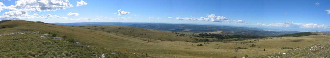 Proti zahodu valovijo širni kraški travniki, za katerimi se dvigujejo griči slovenske Istre